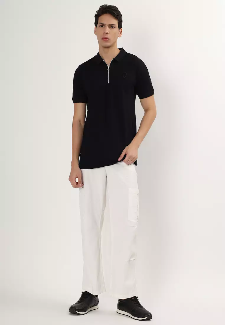 Mens Solid Black Cotton Relaxed Fit Polo Shirt/Tshirt With Zip, Short Sleeve, Activewear, Casual Wear