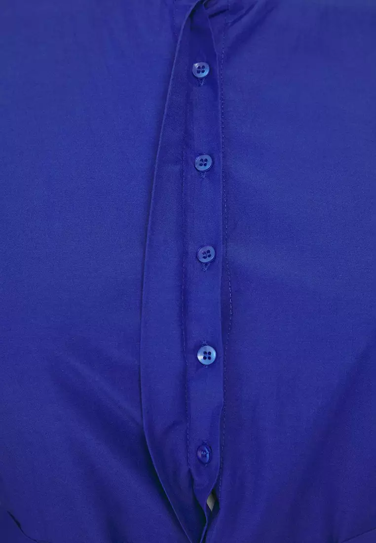 Plus Size Saxe Belted Judge Collar Button Detailed Woven Dress Tctss25Eb00150