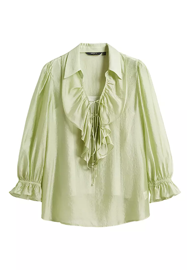Long-Sleeve V-Neck Ruffled Trim Tie Front Blouse