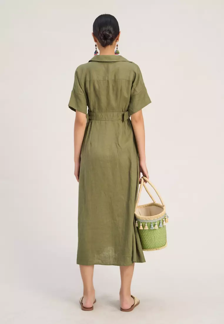 Moss Green Linen Midi Dress