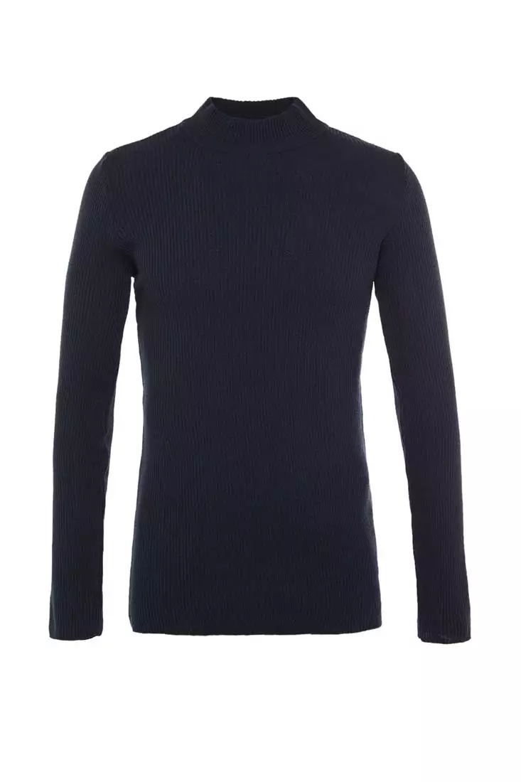 Navy Blue Men's Fitted Tight Fit Half Turtleneck Corduroy Knitwear Sweater.