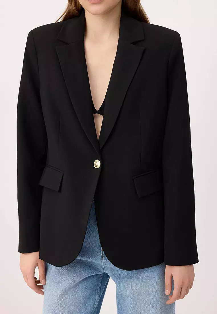 Black Accessory Buttoned Regular Fit Woven Blazer Jacket Twoss26Bc2