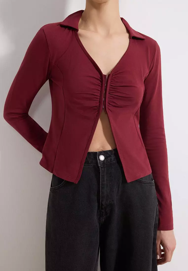 Burgundy Fitted Polo Neck Buttoned Drawstring Cotton Stretch Knit Blouse Twoss26Bz98