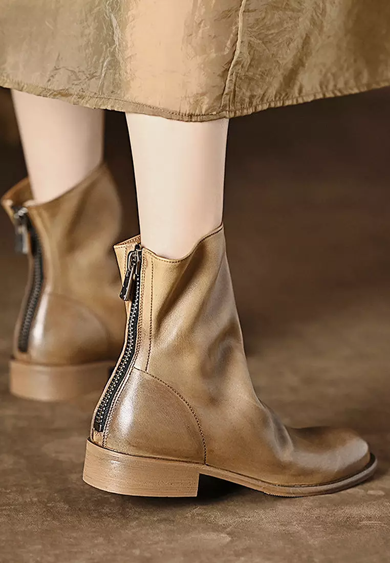 VANSA Vintage Washed Cow Leather Crinkled Booties VSW-B837-5