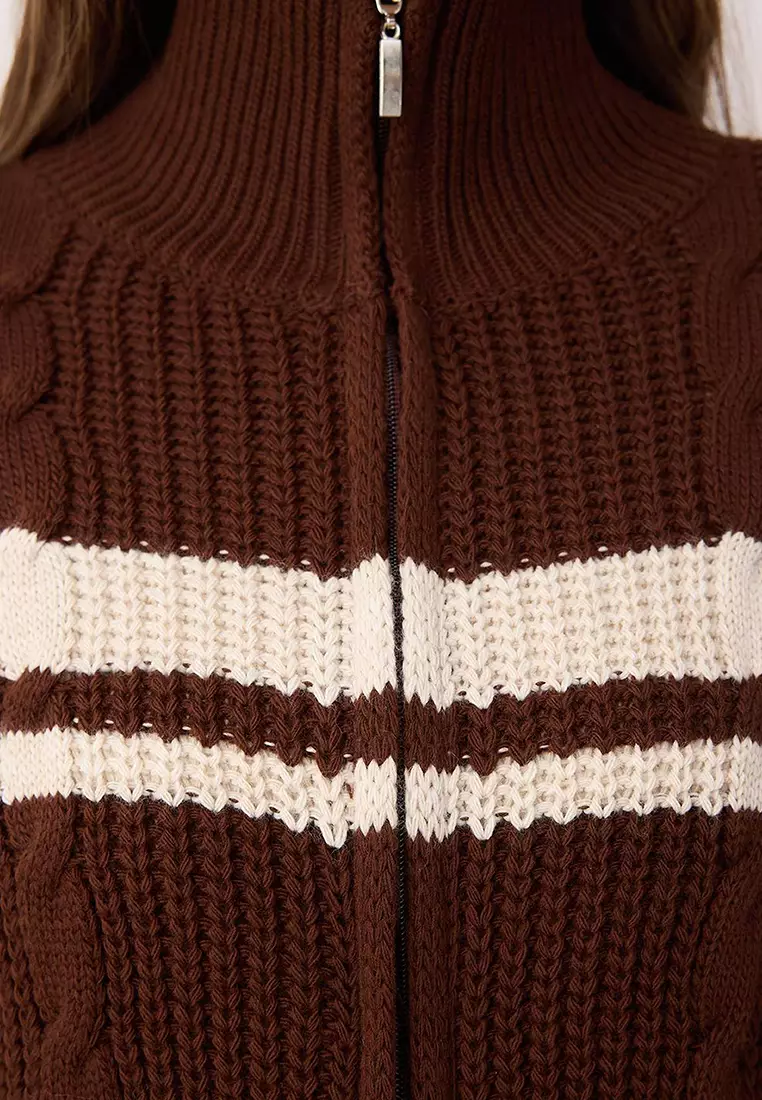 Brown Crop Block Stand Collar Knitwear Cardigan