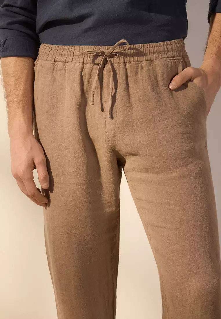Beige Limited Edition 100% Linen Regular Fit Trousers  TMNSS24PL00018