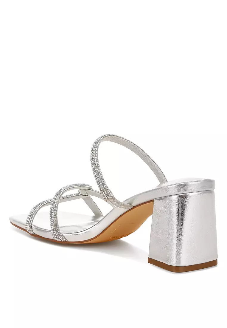 Rhinestone Block Heel Sandals in Silver