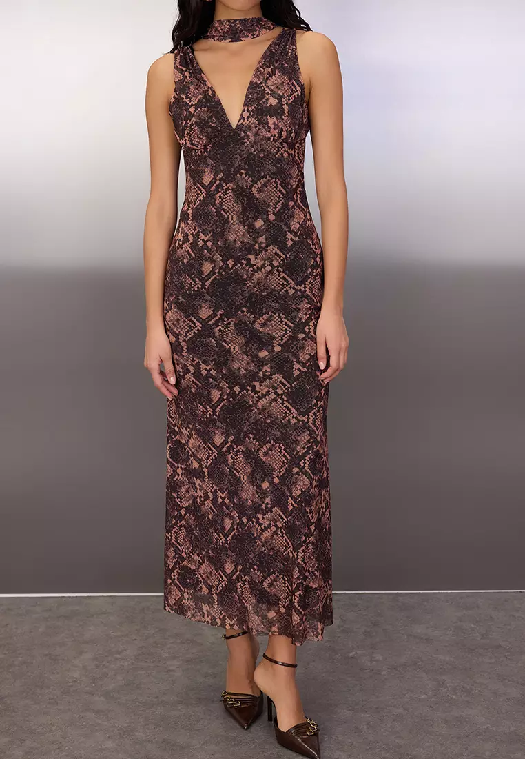 Multi-Colored Animal Scarf Knitted Tulle Maxi Lined Stylish/Evening Dress Tpraw26El116