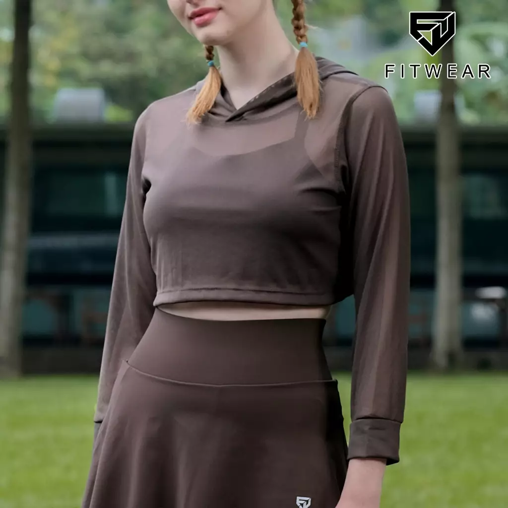 Fitwear - Croptop Jaring / Mesh / Sheer Olahraga BRENDA OUTER HOODIE LS CRP - BROWN