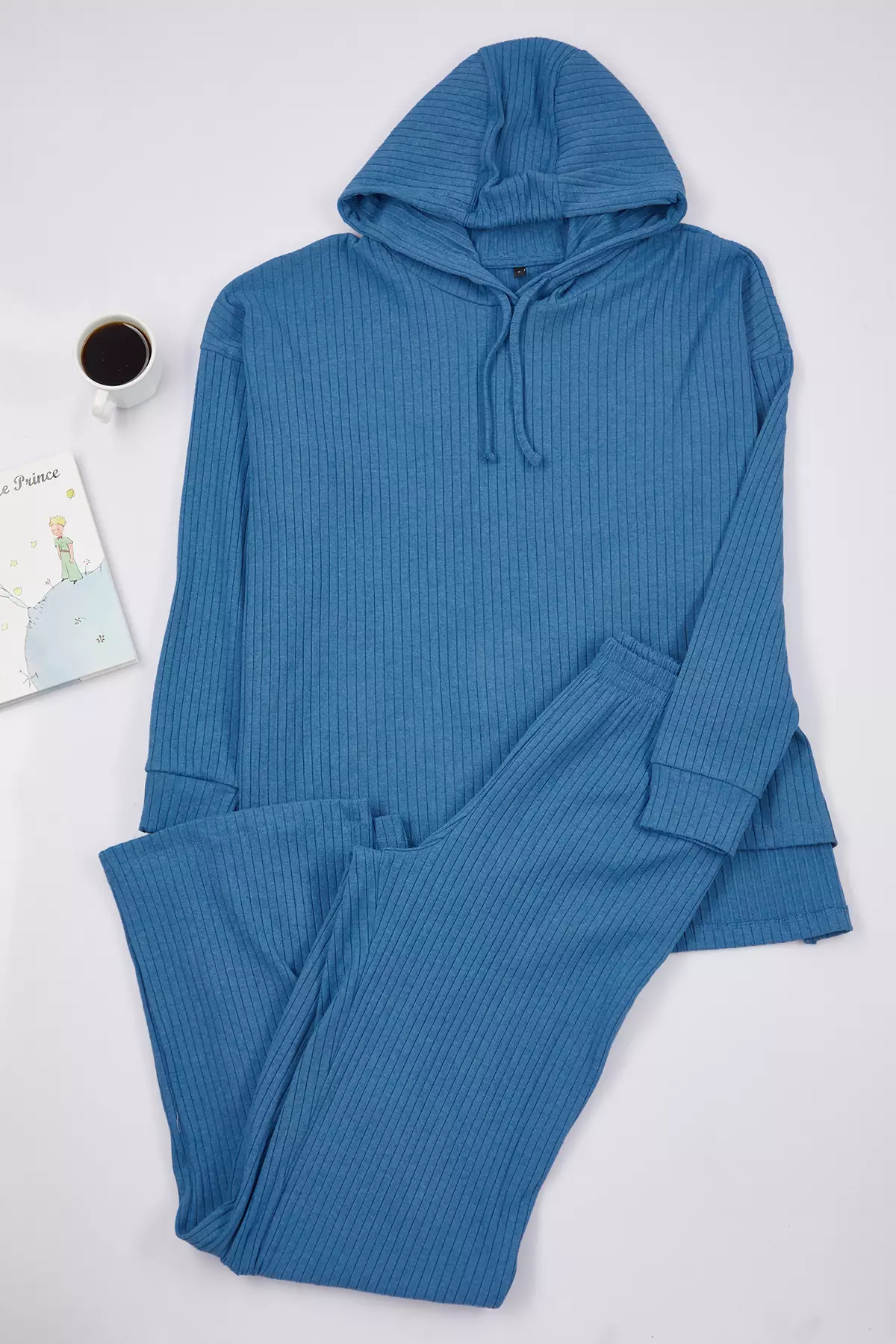 Blue Hooded Ribbed Knitted Pajama Set Thmaw22Au0334