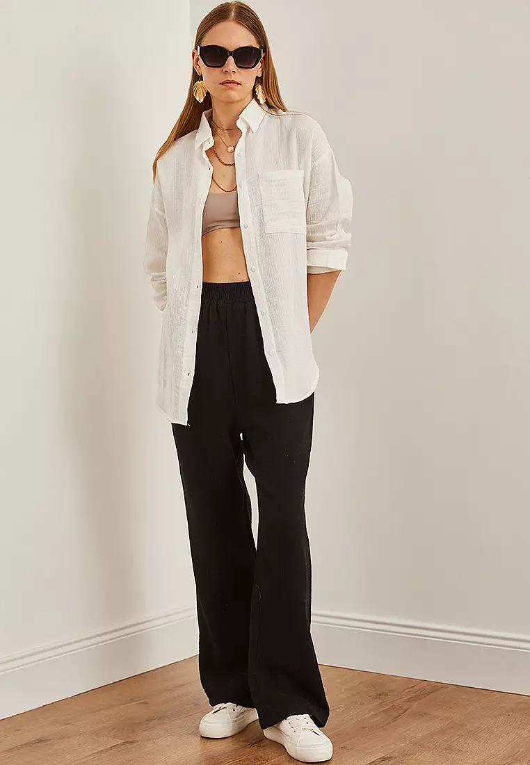 Elastic Waist Pocket Muslin Trousers