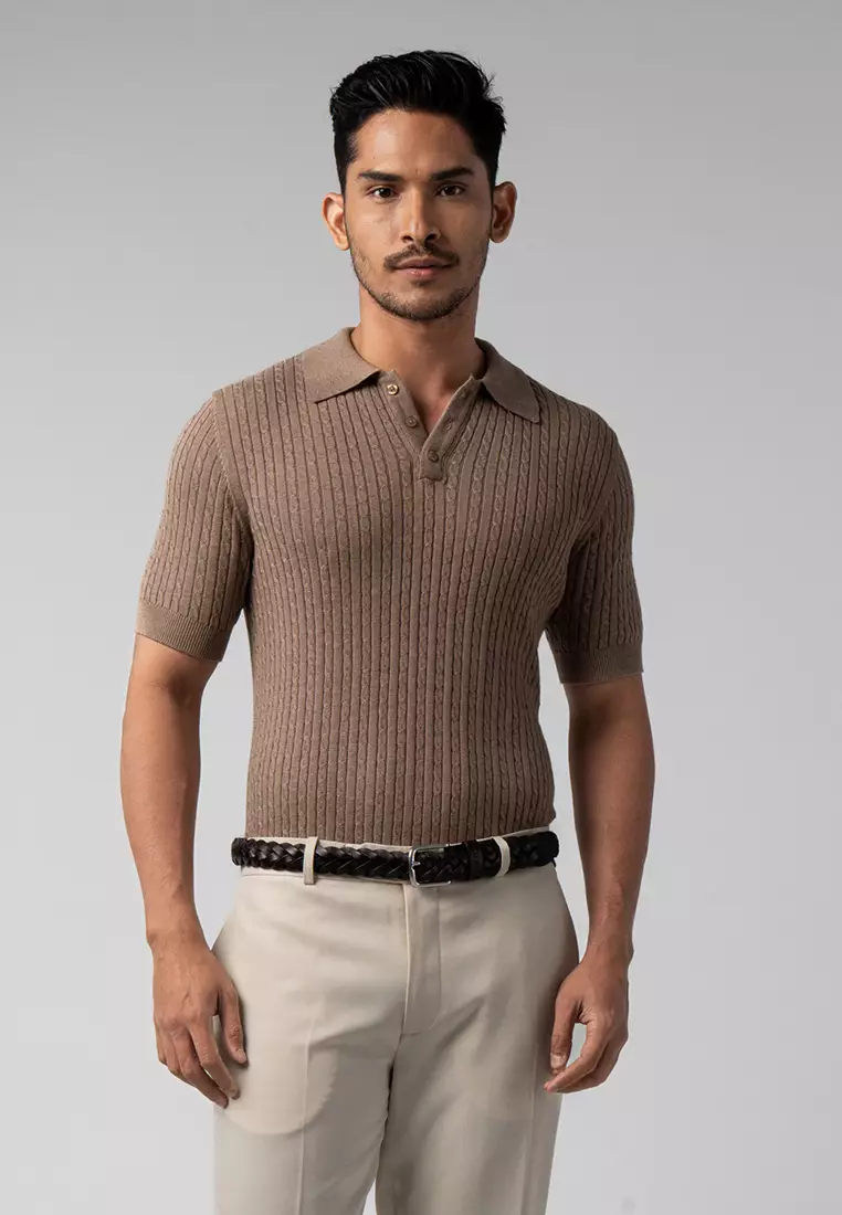 Mens Cable Knit Cotton Polo Light Brown