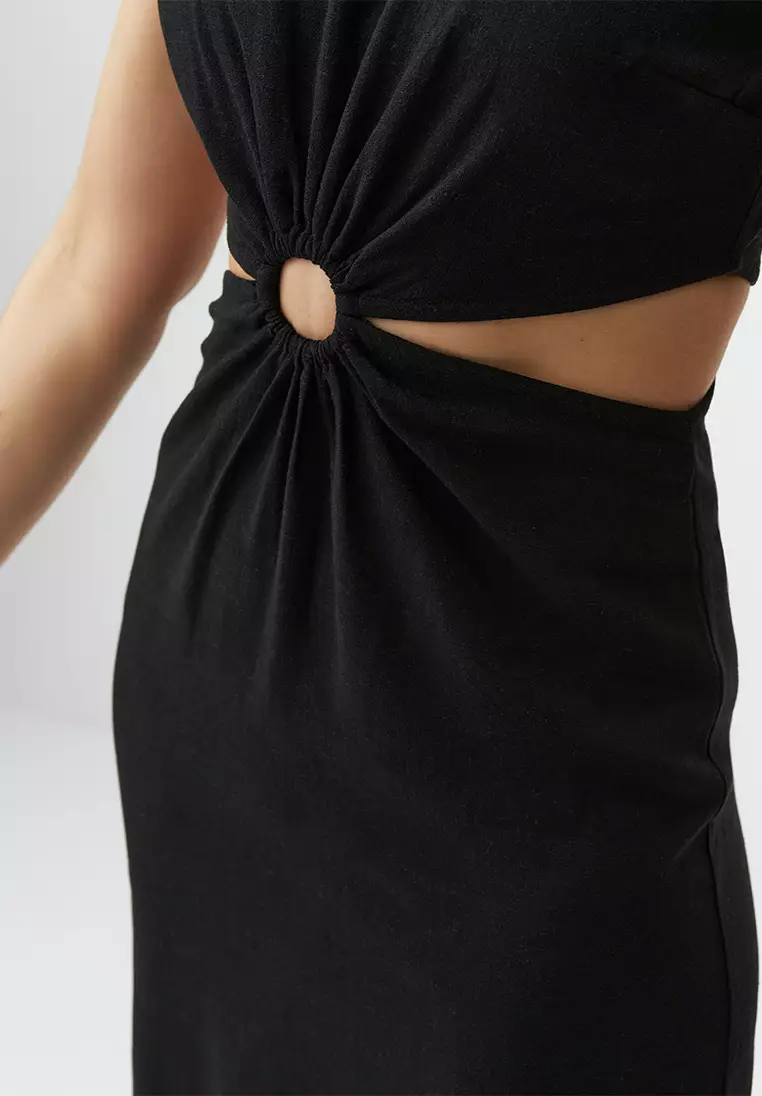 Jimmy Key Black Sleeveless Linen Midi Dress with Waist Detail