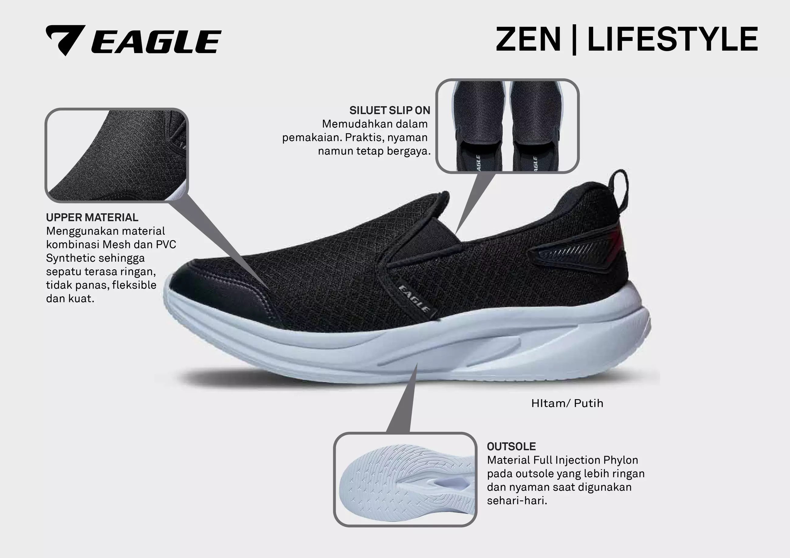 Eagle Sepatu Sneakers Lifestyle Zen - HITAM/PUTIH