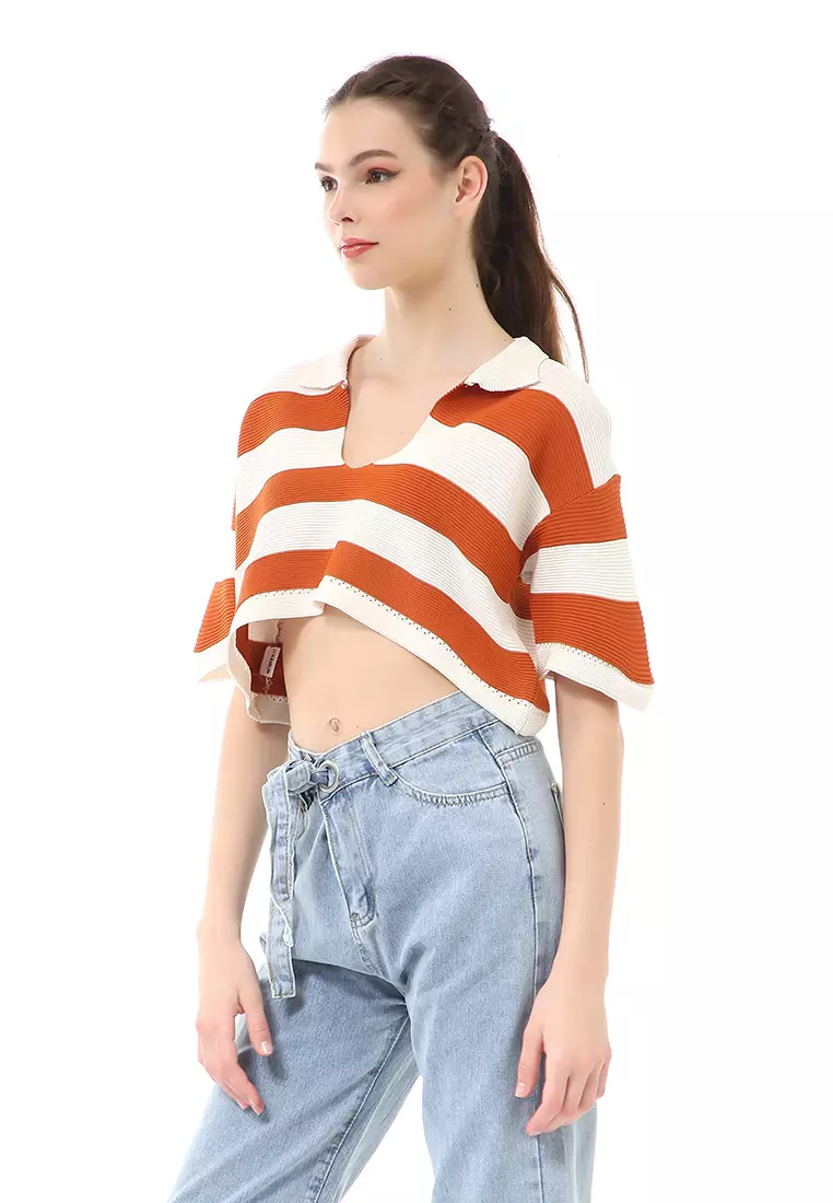 Albertine Atasan Crop Wanita Lengan Pendek Motif Salur Material Rajut ORIGINAL - Bata