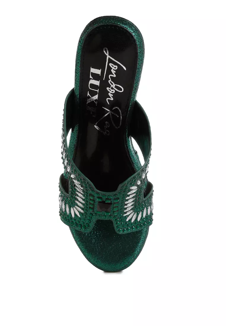 Diamante & Rhinestone Detail Cut-Out Sandals in Green