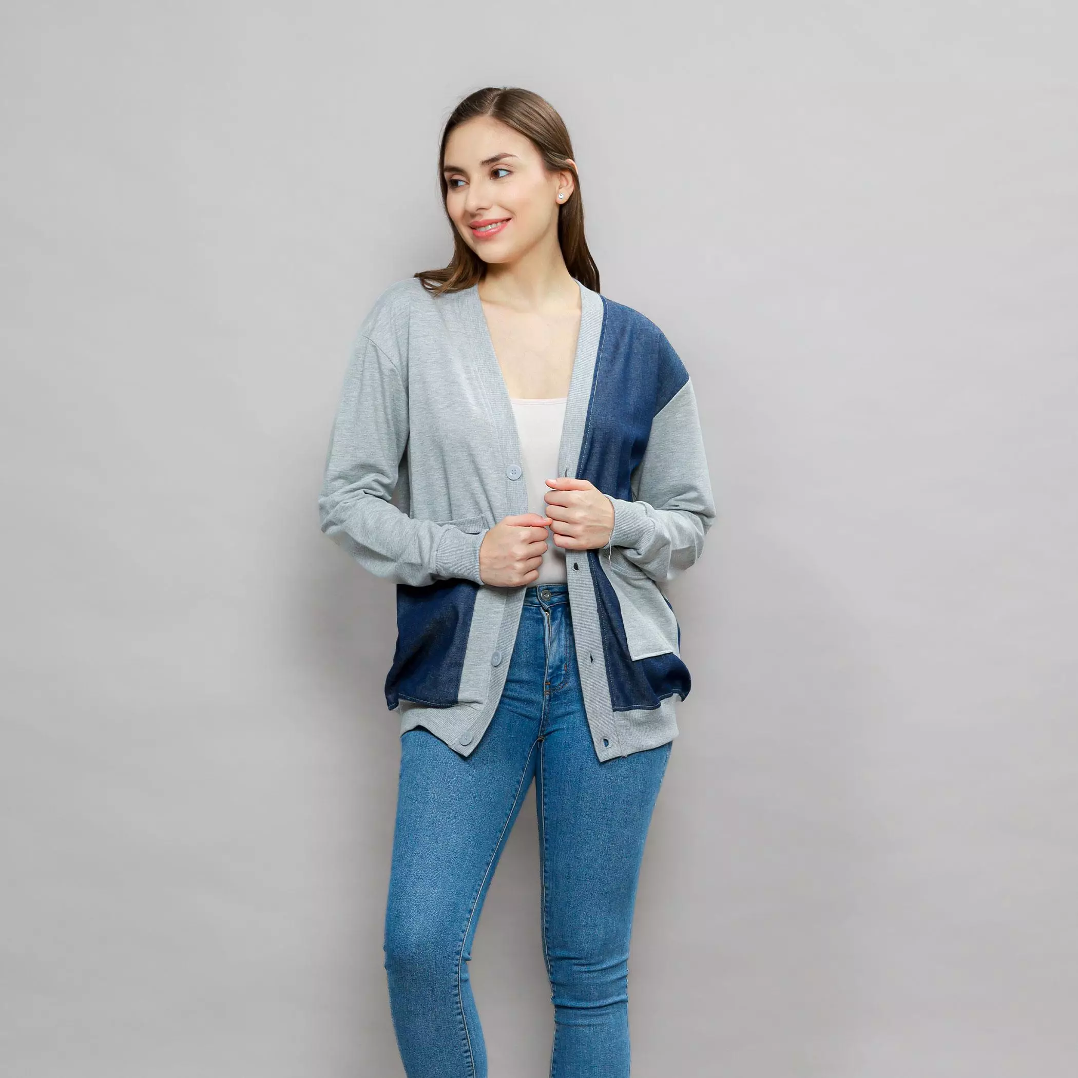 Enough For Today - Sweater Cardigan Motif Jeans Blue Denim Abu Misty Bahan Katun Babyterry Outer Denim Wanita Jaket Blazer