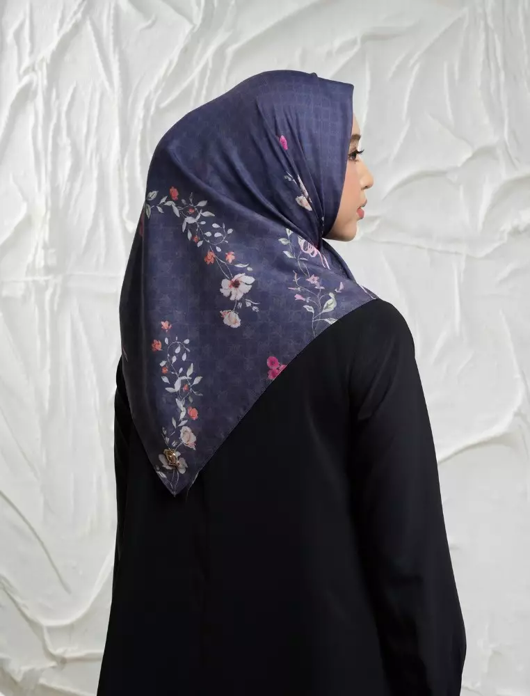 FLEUR Scarf Navy - Kerudung Hijab Segiempat Motif With BOX - Bahan Nesla - Ukuran 115x115