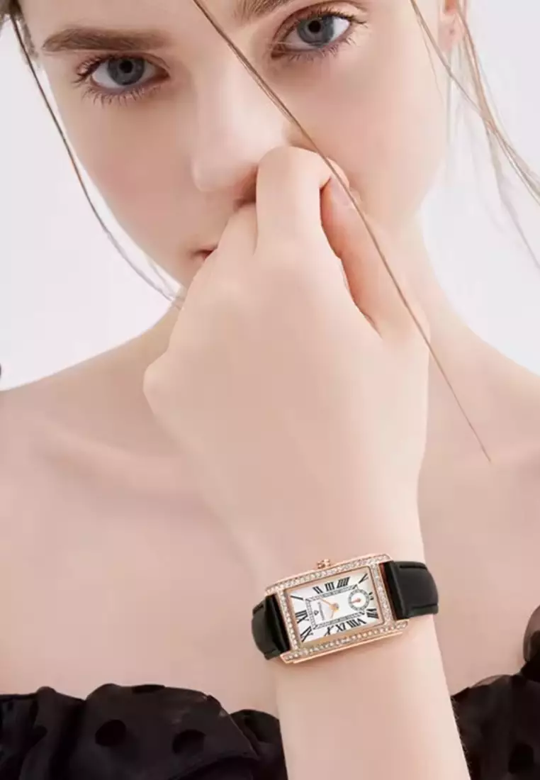 Ladies IP Rose Gold Color Stainless Steel Quartz Watch, Black Leather Strap