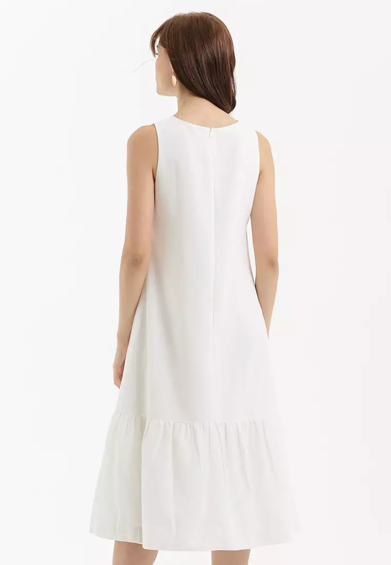 Shift Midi Ruffle Dress in White