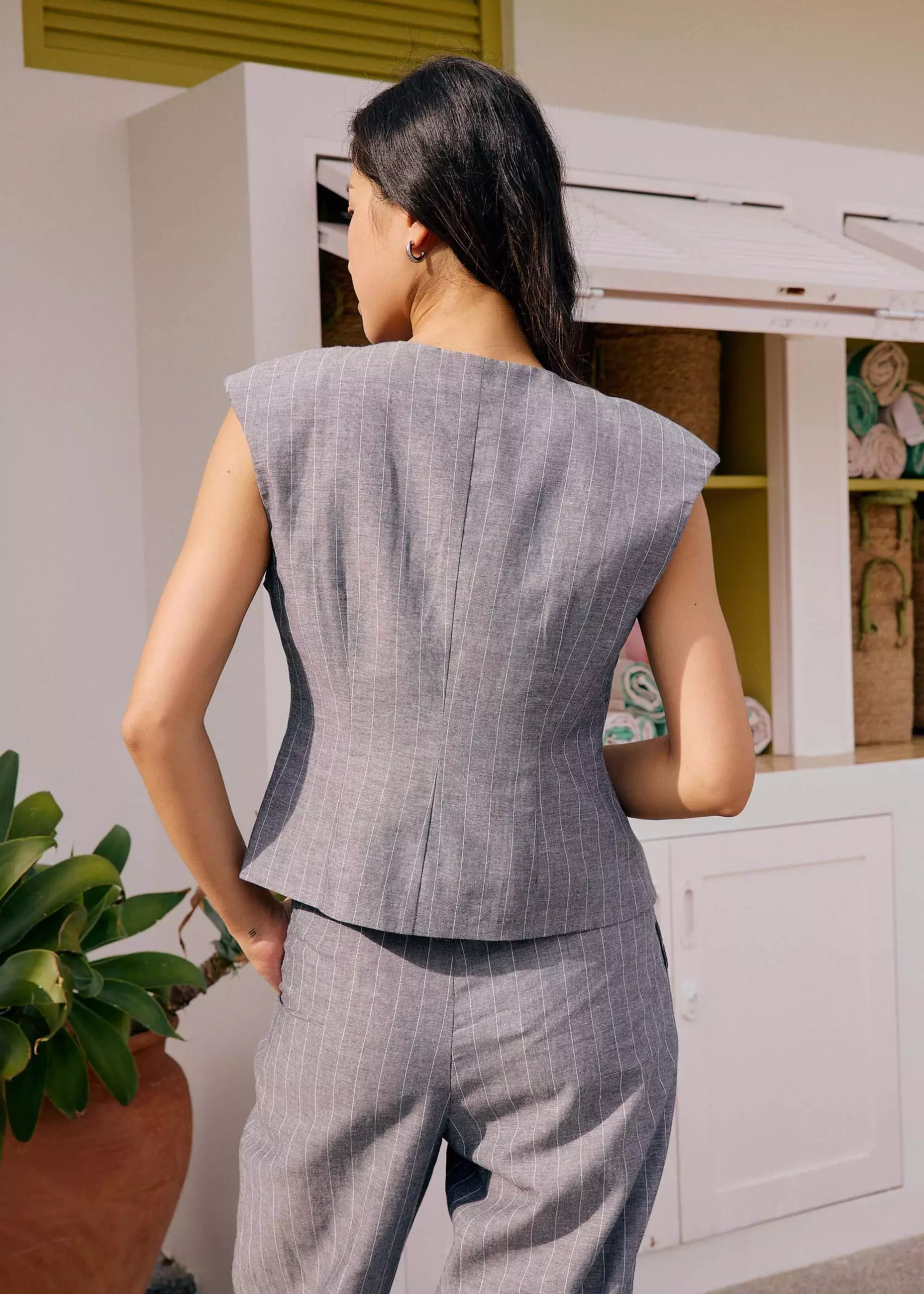 Vest Wanita - Striped Linen Vest in Indigo