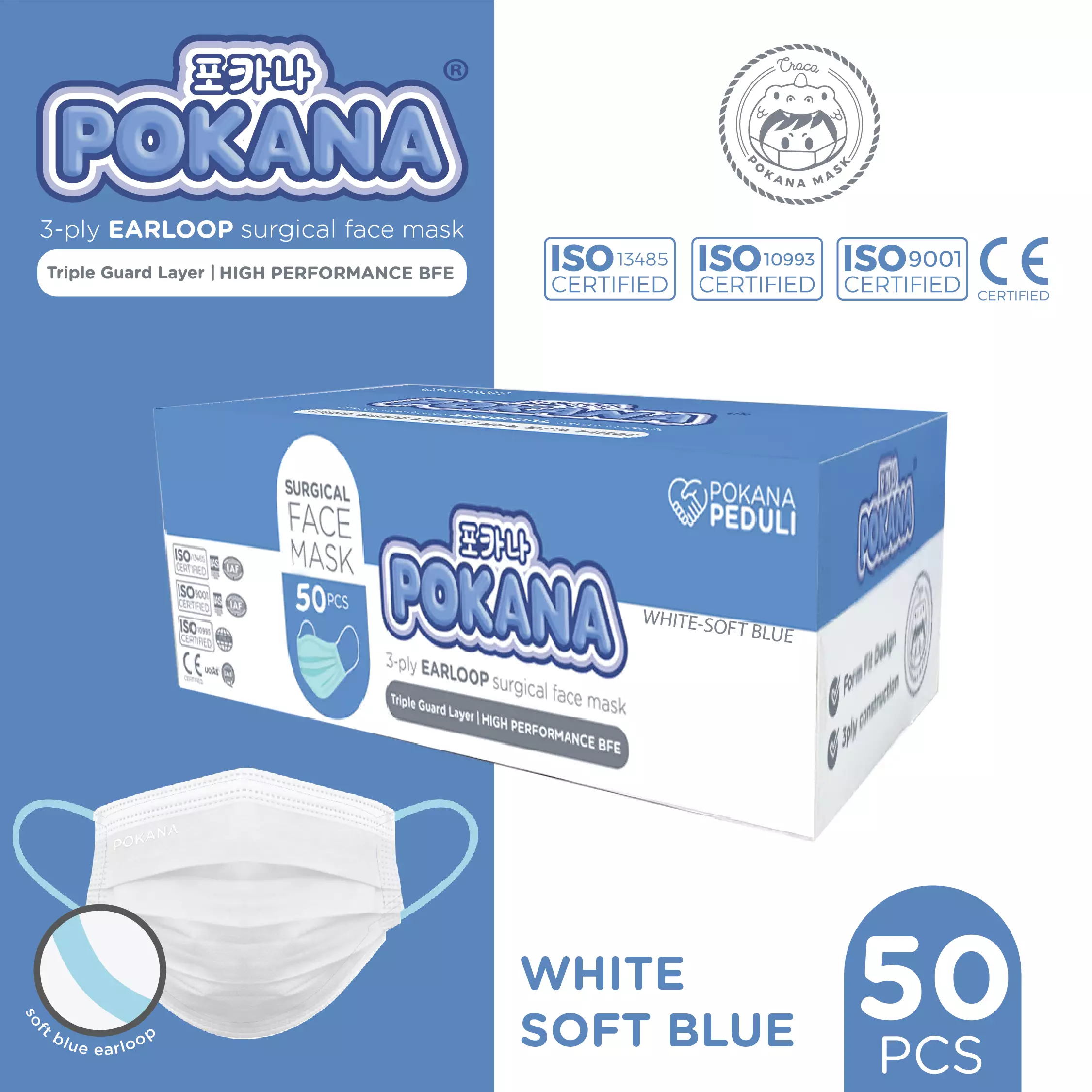 Jual Pokana POKANA 3-ply Earloop Surgical Face Mask – Isi 50 S - White ...