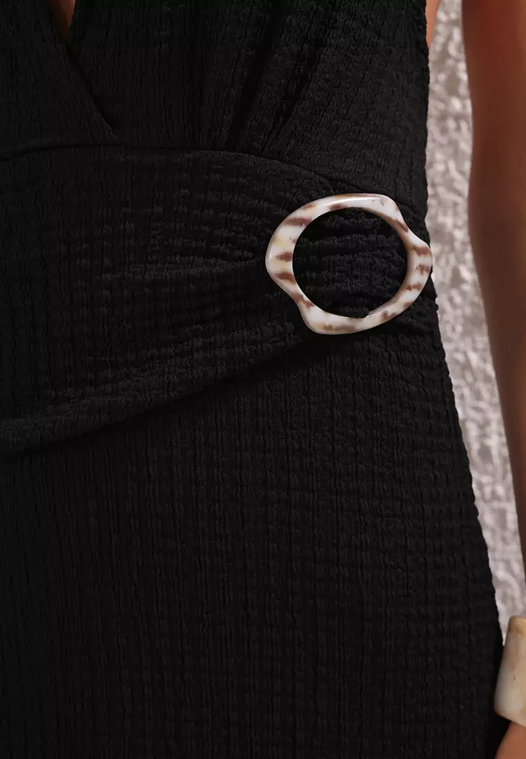 Black Textured Belt Detailed Beach Dress TBESS25EL00118