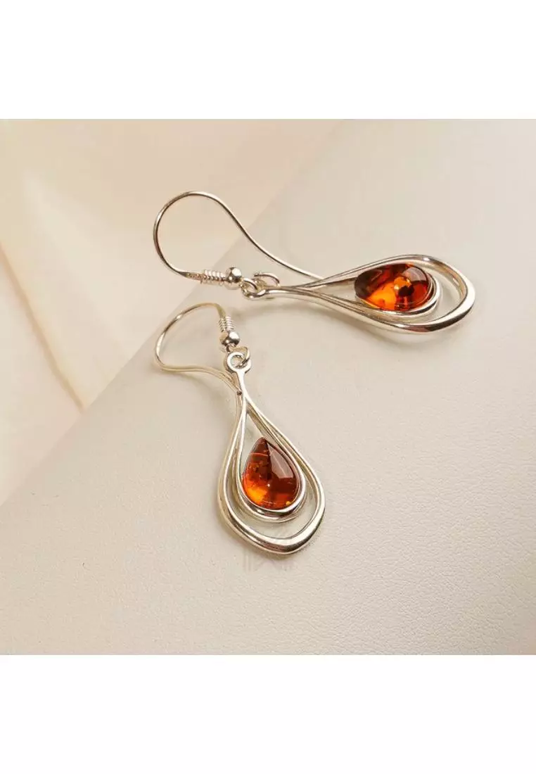 Multifaceted Baltic Amber Nested Drop Silver Hook Earrings with 925 Sterling Silver