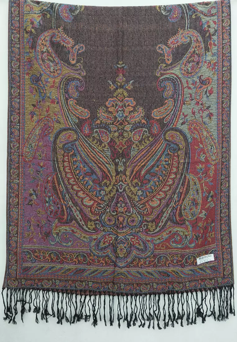 Hijab Pashmina Wanita Reversible Viscose Paisley Full  Pattern Pashmina Shawl Syal Wanita Black & Multi