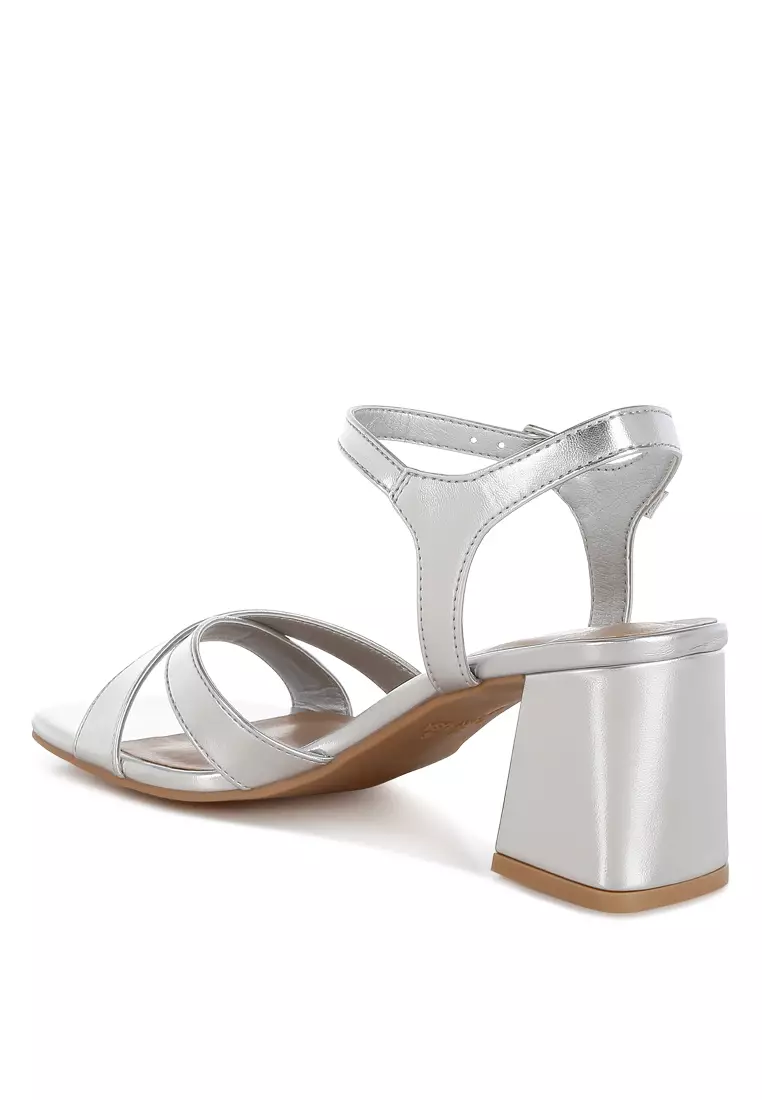 Square Toe Block Heel Sandals in Silver