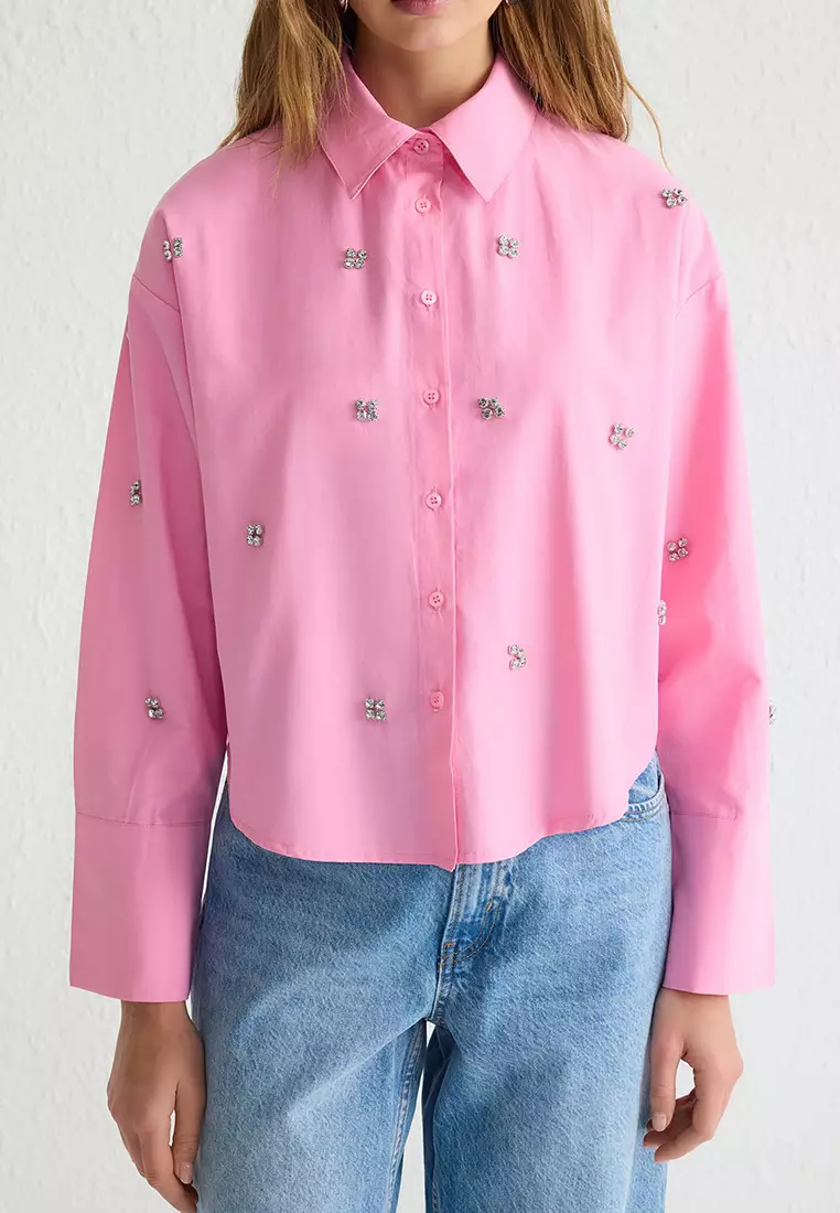 Pink Stone Accessory Detail Woven Shirt TCTSS25TG00007
