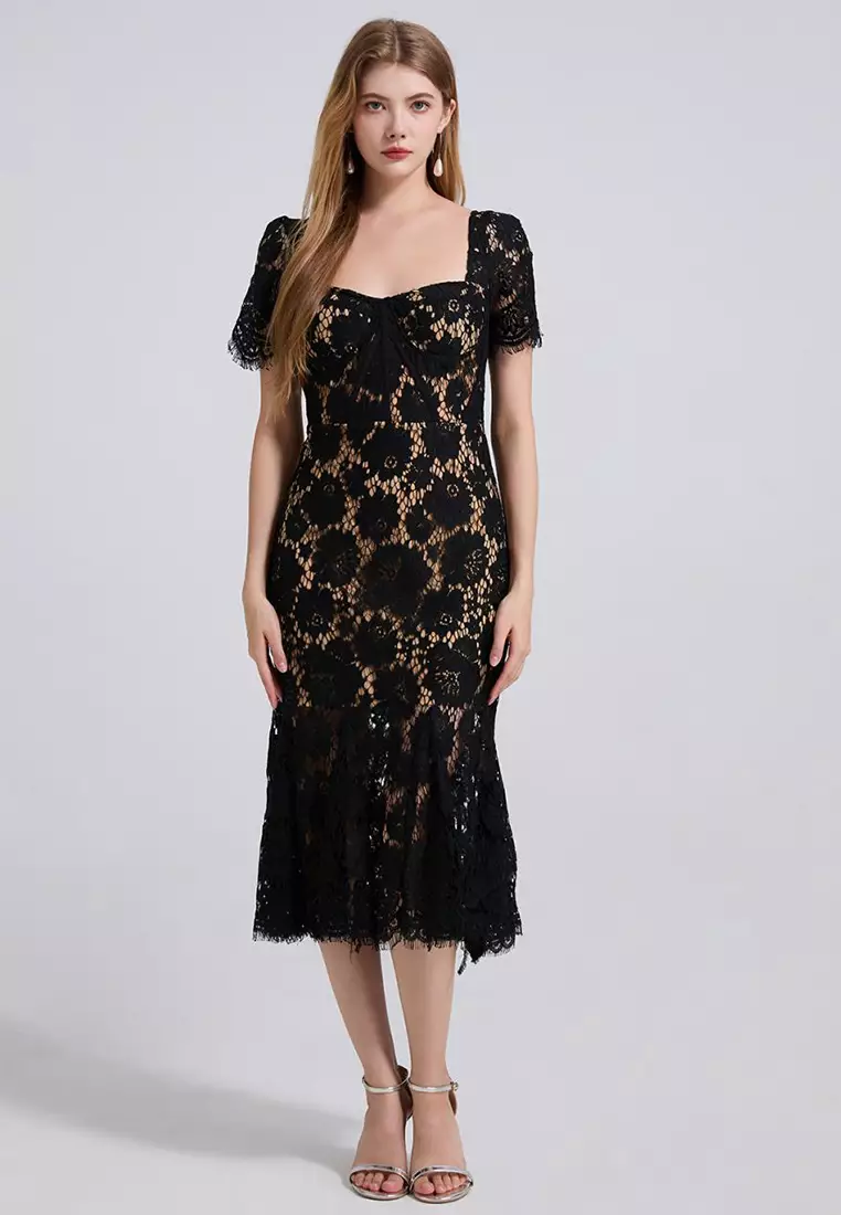 French high-end sexy square neck lace dress CA25070939BK