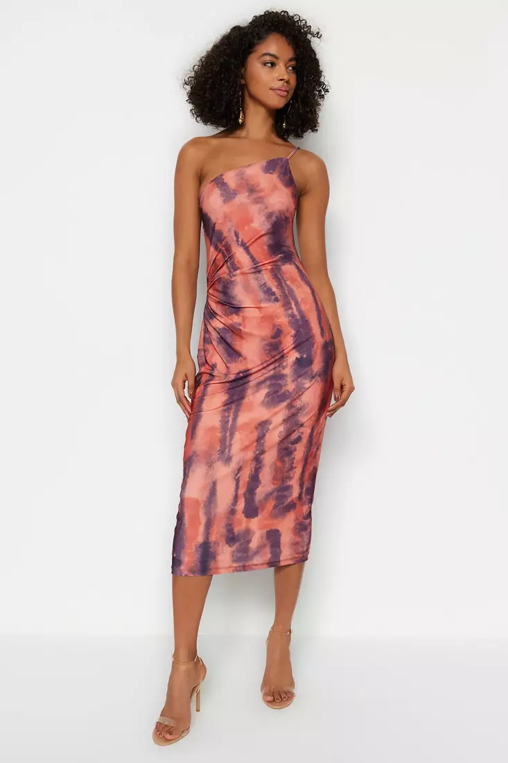 Printed, Fitted Midi One-Shoulder, Flexible Knit Dress
