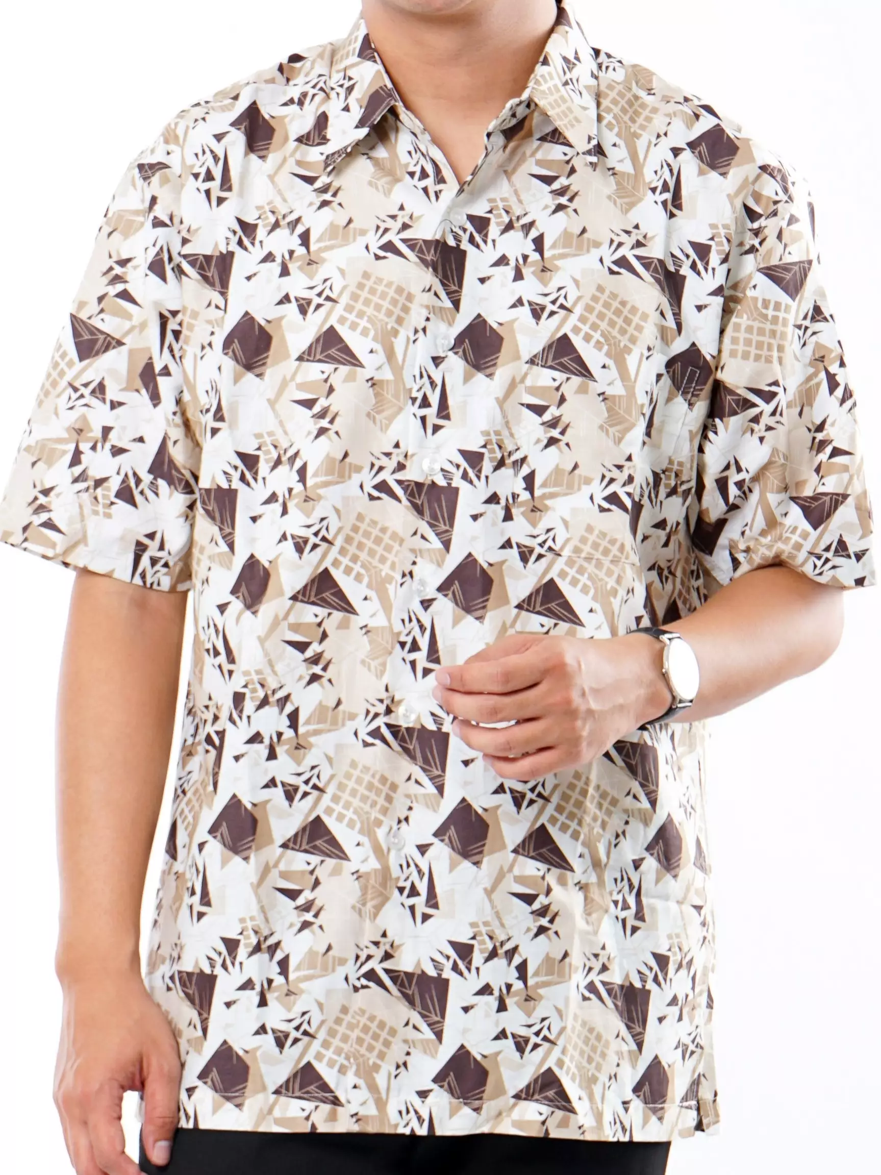 Andre Michel Kemeja Lengan Pendek Motif Abstrak Putih Cokelat 16726