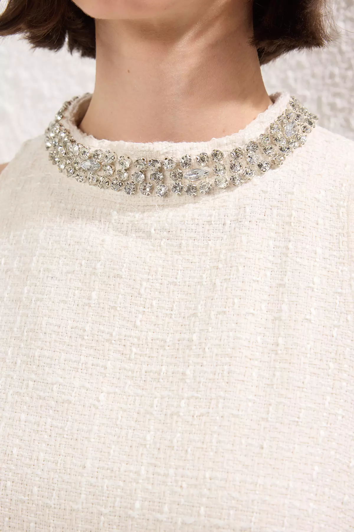 White Stone Embroidery Detailed Lined Thin Tweed Mini Woven Dress TWOSS25EL00754