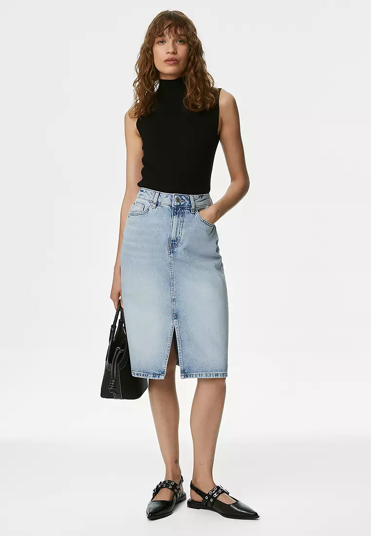 Denim Split Front Knee Length Skirt