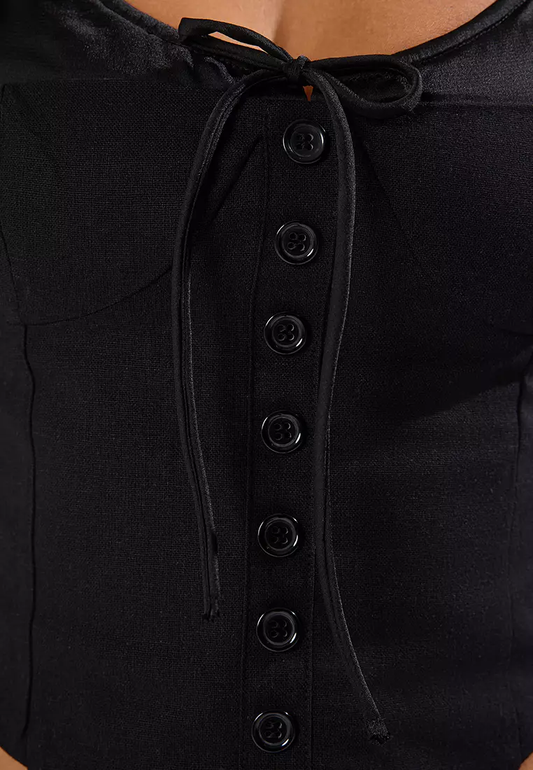 Black Linen Content Satin Detail Fitted Strappy Woven Blouse