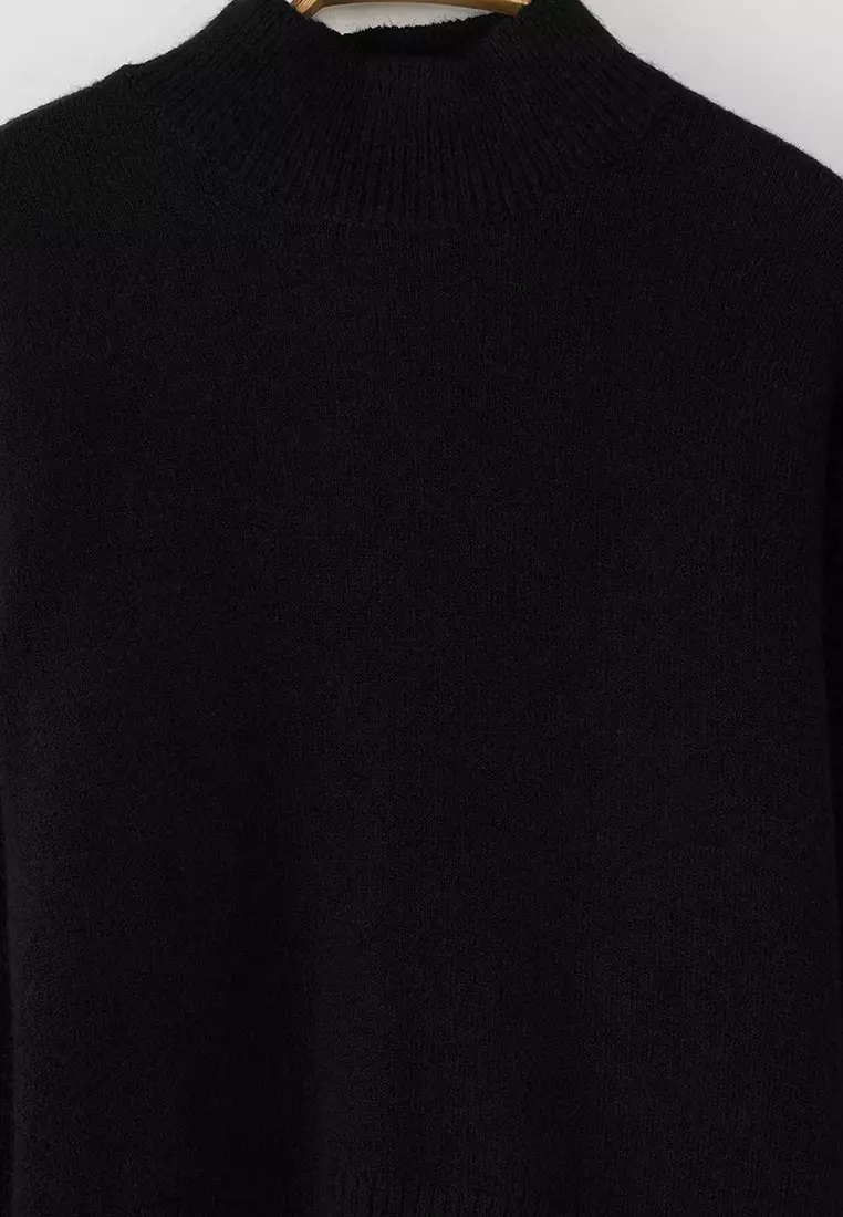 Black Alpaca Wool Blended Premium Yarn/Special Yarn Wide Fit Basic Knitwear Sweater