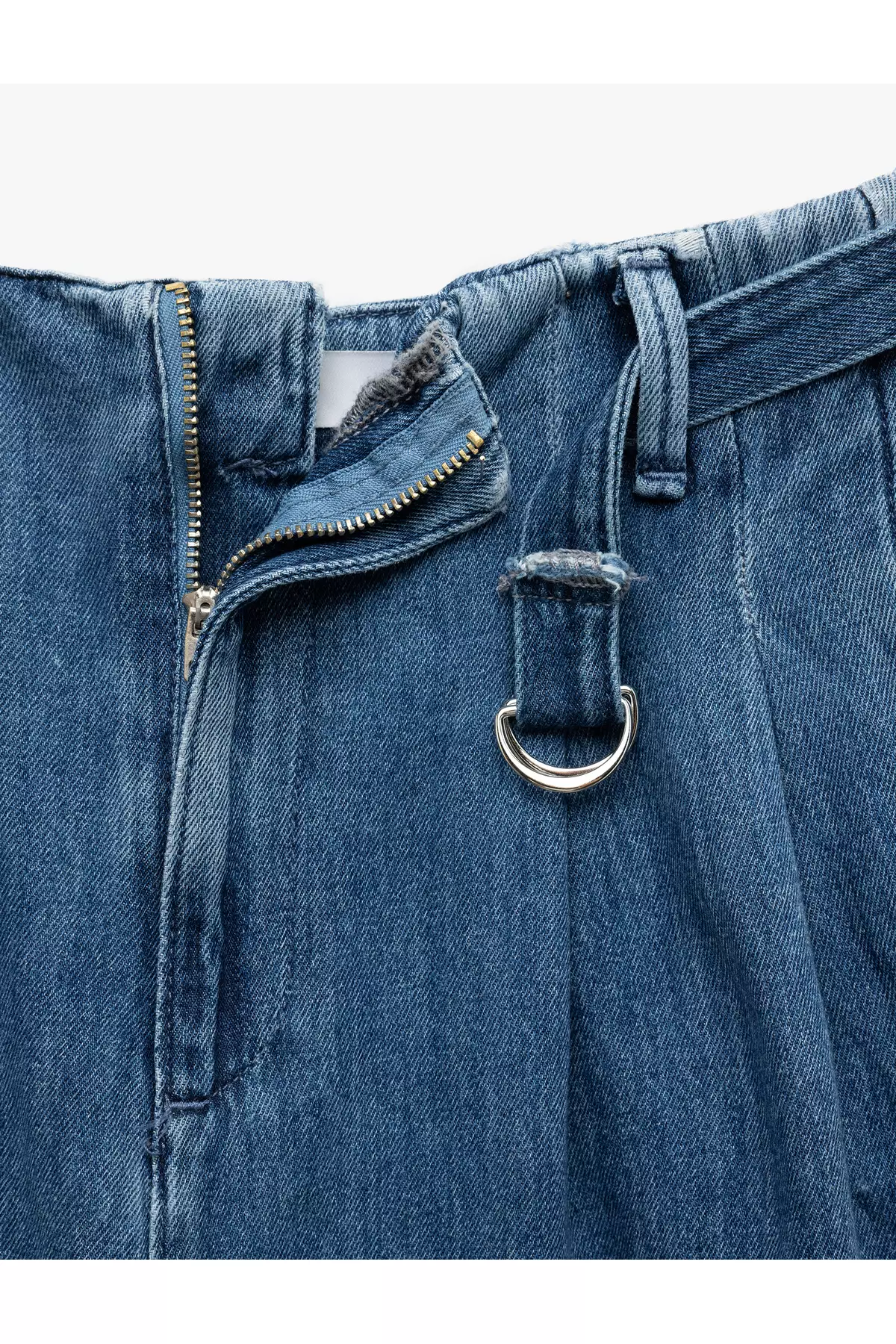 High Waist Wide Leg Belt Detailed Pleated Jean Trousers