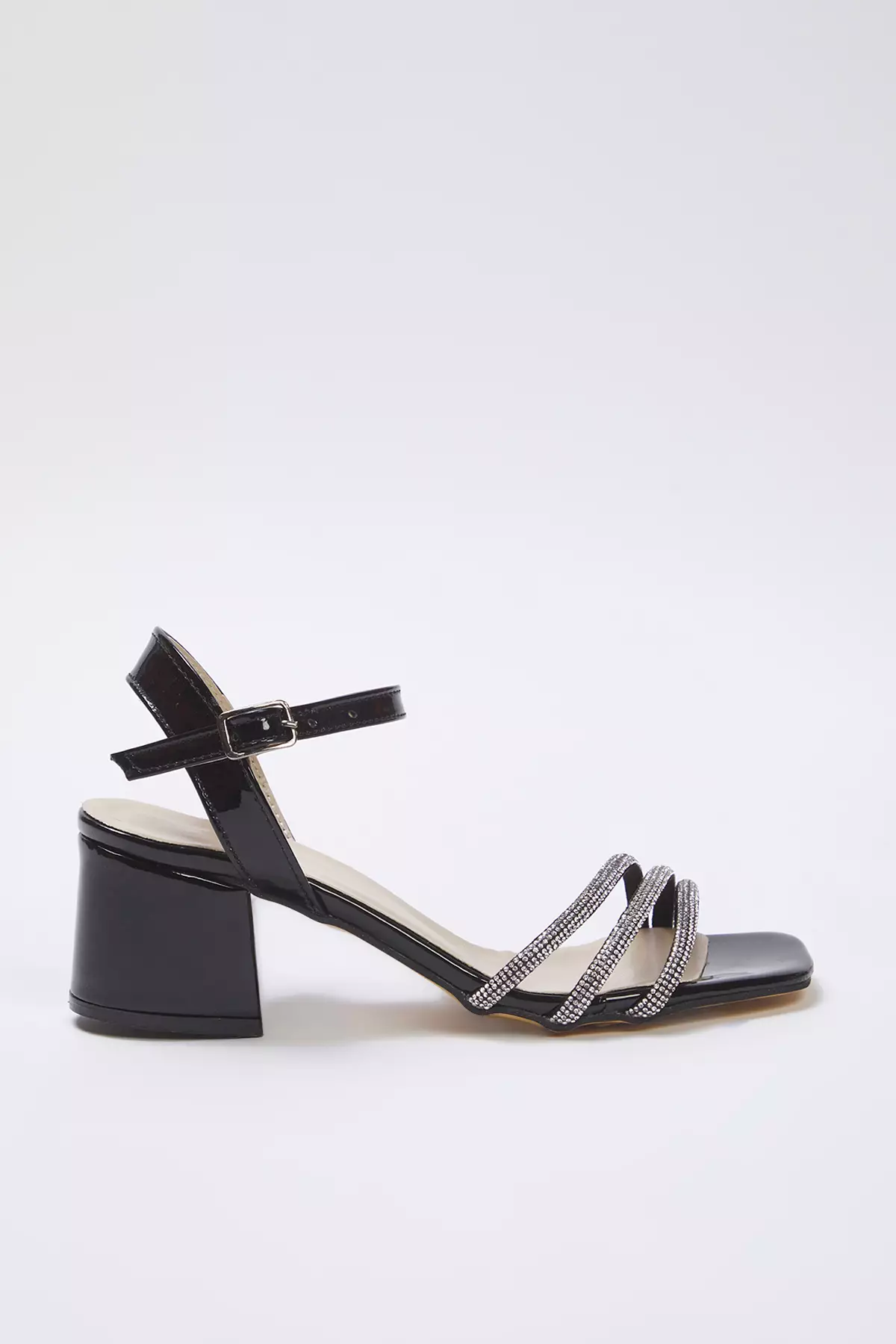 Black Rhinestone Square Toe Women Evening Dress Block Heels Sandals Takss25To00067