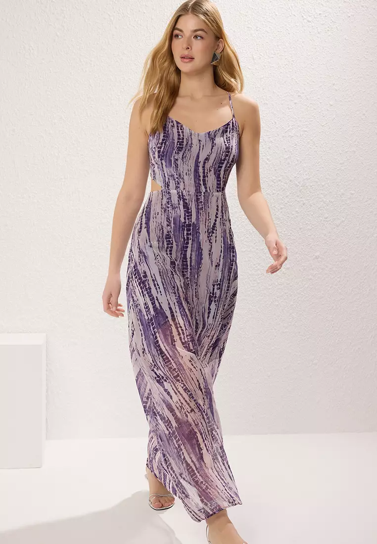 Purple*001 Floral A Cut Cut Out / Flounce Maxi Woven Dress