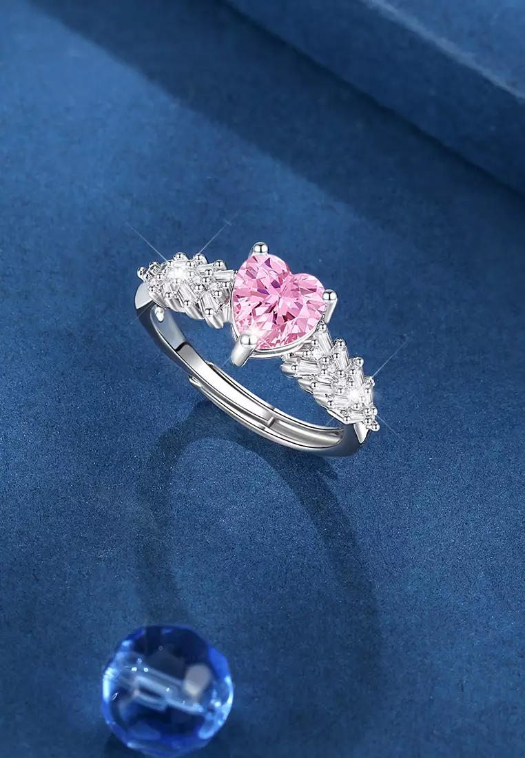 Cincin Wanita Korea Pink Zircon Berlian Berlapis Platinum Anti Pudar Ukuran Bebas Tunangan Cincin Couple