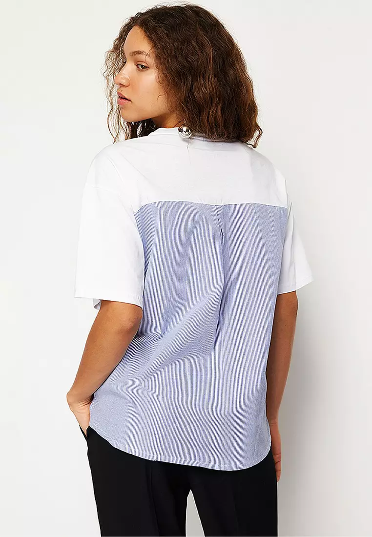 White Pink Striped Poplin Detail Oversize/Wide Pattern Knitted T-Shirt