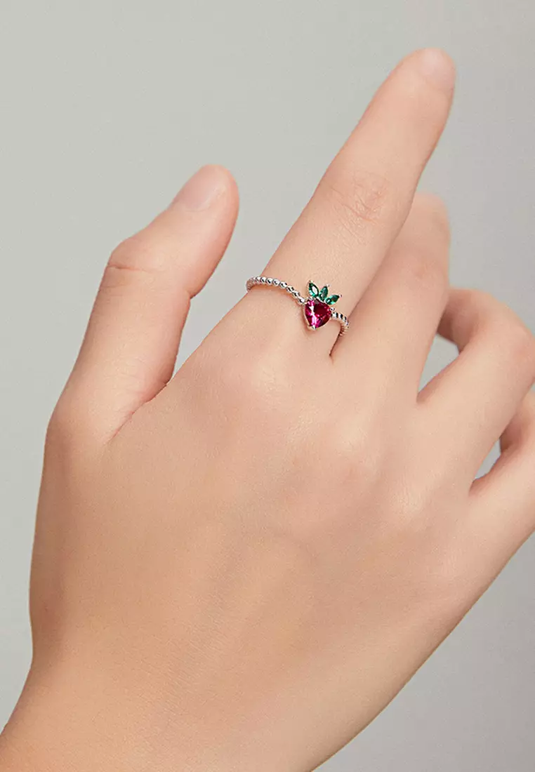 Solid 925 Sterling Silver Strawberry Ball Chain Ring