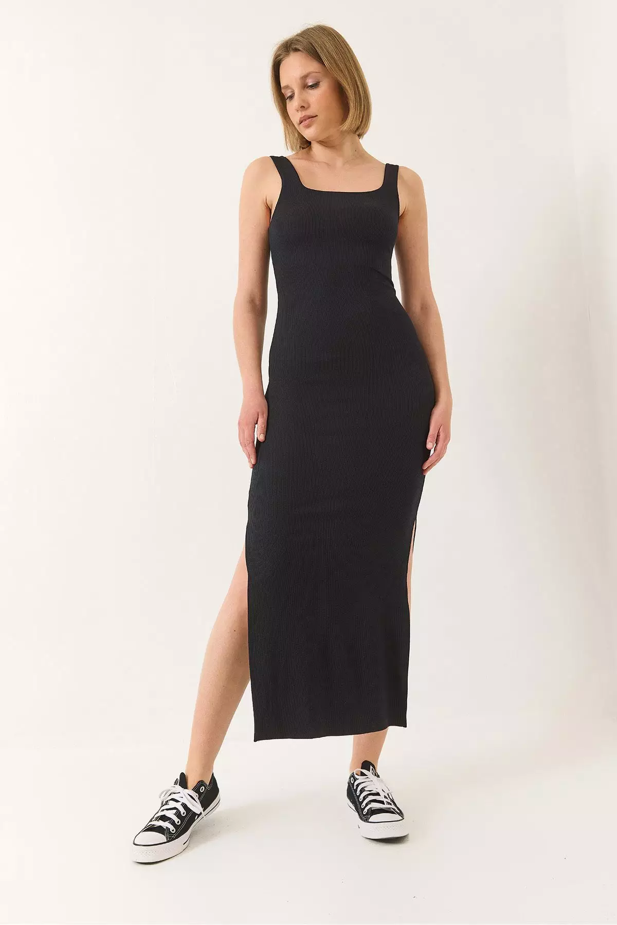 Women's Strappy Square Neck Slit Detailed Ottoman Midi Dress 295 60283176