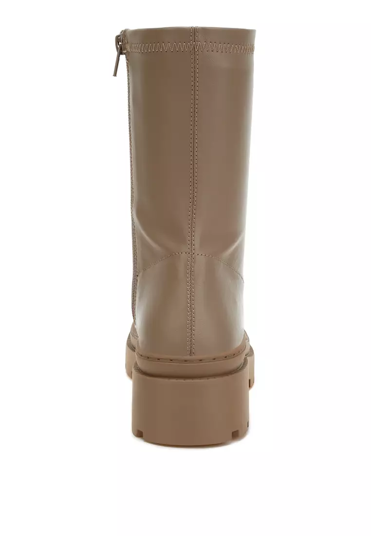 Chunky Faux Leather Calf Boots in Taupe