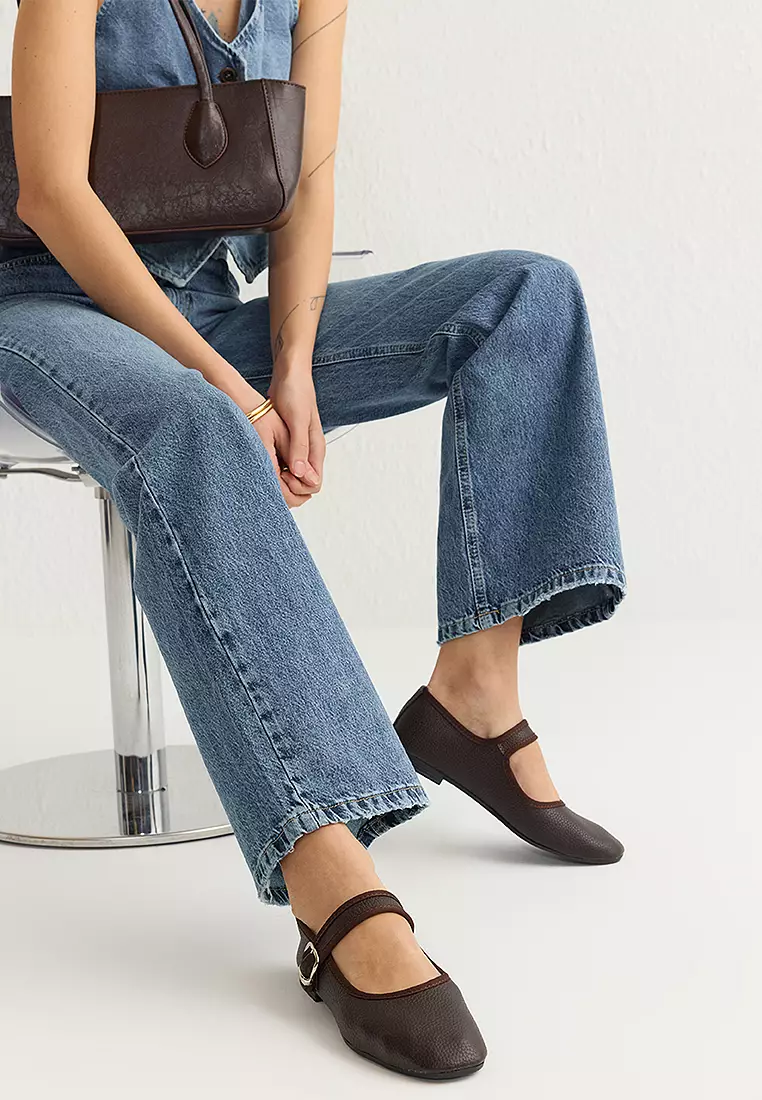 Textured Mary Jane Buckled Ballerina Flats