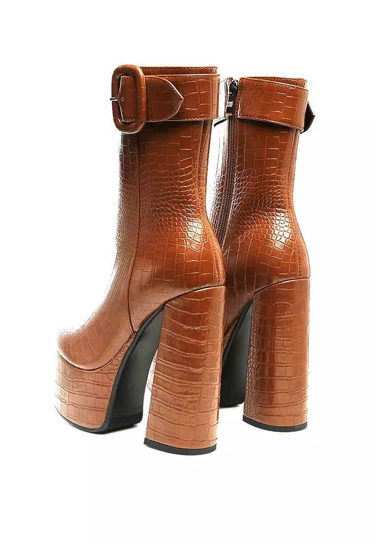 Croc High Block Heeled Chunky Ankle Boots in Tan