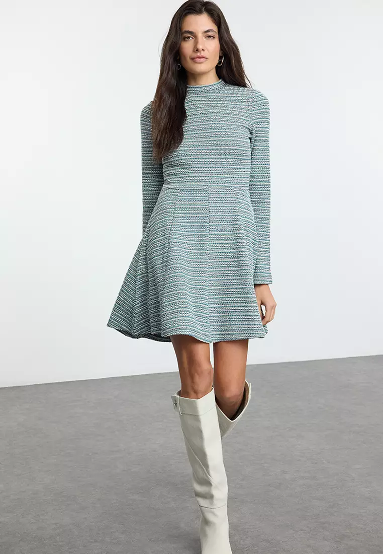Trendyol Green Tweed Mini Knitted Dress Crew Neck Flounces Skater Style  2026 | Buy Trendyol Online | ZALORA Hong Kong