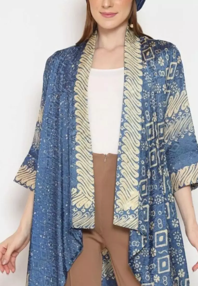 Rinjanie Batik - Bolero Ayam - Bolero Asimetris Biru - Outer Batik Modern - Outer Batik Wanita - Outer batik kekinian - Batik Cap Mix - JMWN - BR
